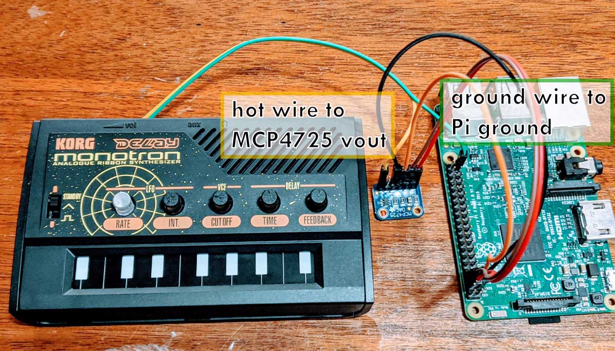Wiring the Monotron up to the Raspberry Pi with MCP4725.
